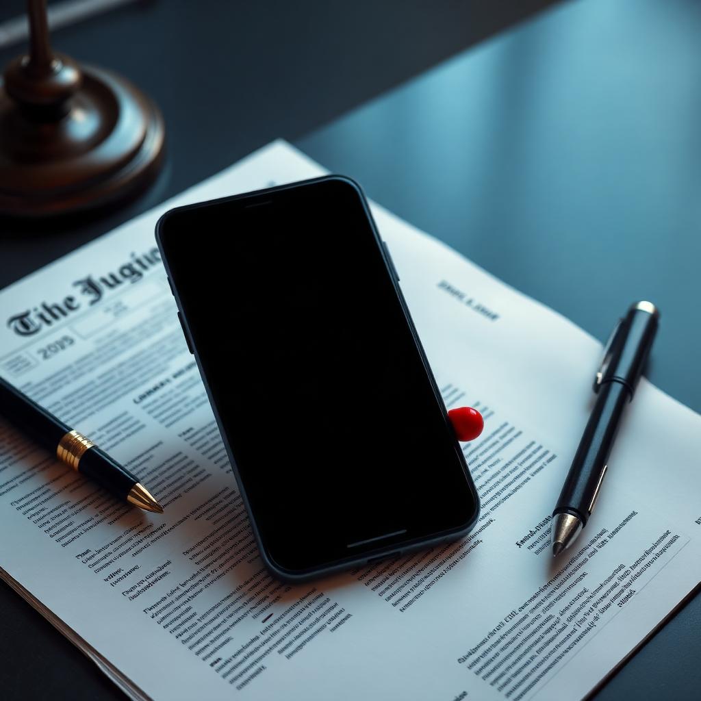 Smartphone pessoal sobre documentos jurídicos ao lado de martelo judicial e caneta tinteiro — imagem de capa do artigo sobre o risco trabalhista de exigir ponto no celular do funcionário.