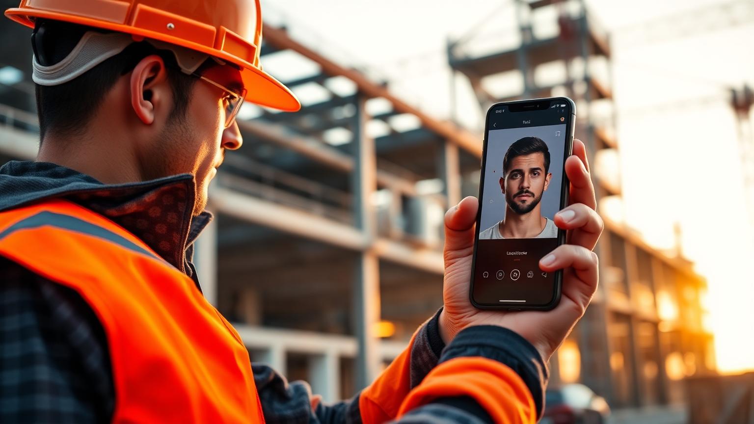 Trabalhador da construção civil com capacete laranja e colete refletivo registrando ponto por reconhecimento facial no smartphone em obra de Santa Catarina — case Timefy.