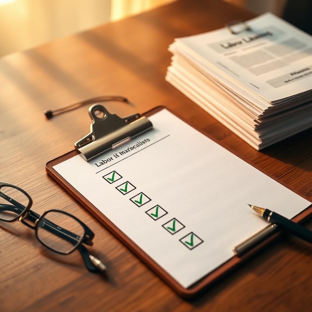 Prancheta com checklist marcado em verde ao lado de óculos, caneta e pilha de documentos jurídicos sobre mesa de madeira — imagem de capa do artigo checklist de auditoria trabalhista para PMEs.