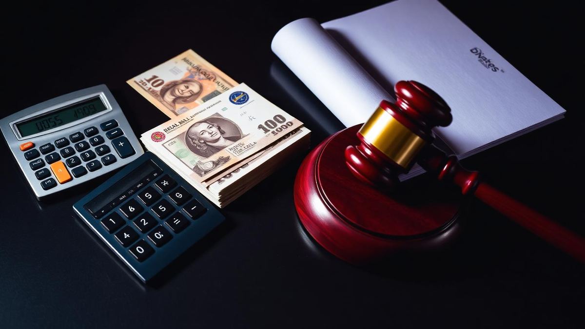 Calculadora, notas de Real e martelo judicial sobre mesa escura — imagem de capa do artigo sobre o custo real de um processo trabalhista para PMEs.