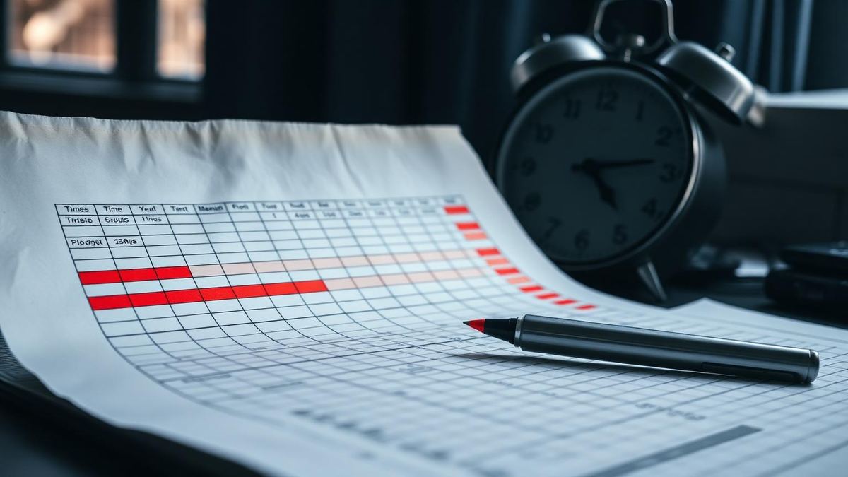 Planilha manual de banco de horas com marcações destacadas em vermelho ao lado de um relógio antigo — imagem de capa do artigo sobre erros de controle de banco de horas em PMEs.