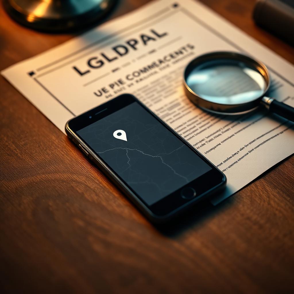 Smartphone com pin de mapa sobre documento da LGPD e lupa em mesa de madeira — imagem de capa do artigo sobre geolocalização no ponto eletrônico e LGPD.