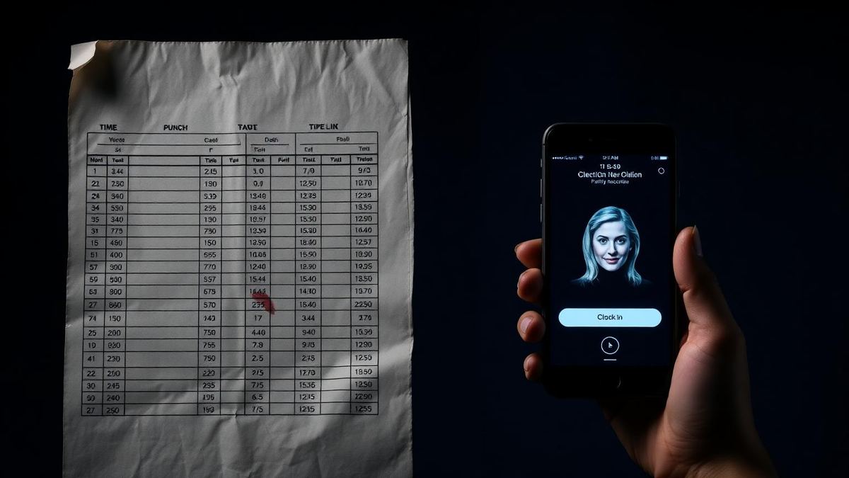 Folha de ponto de papel amassada ao lado de smartphone exibindo aplicativo moderno de reconhecimento facial — imagem de capa do artigo sobre a legalidade do ponto de papel em 2026.