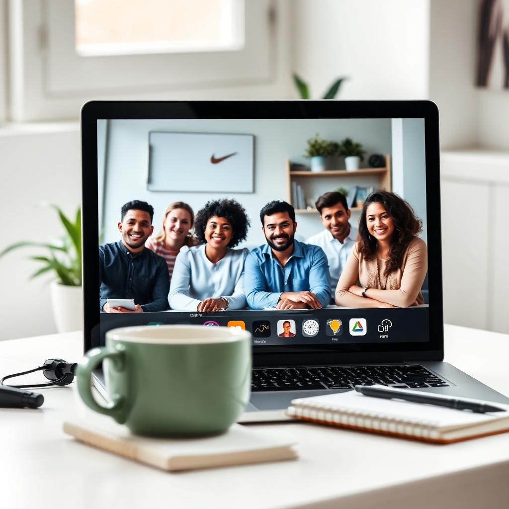 Equipe diversa em videochamada exibida em laptop sobre mesa clara de home office com caneca e caderno — imagem de capa do artigo sobre controle de ponto em equipes híbridas e remotas.