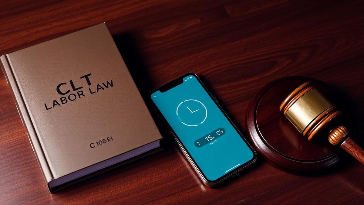 Livro da CLT ao lado de martelo judicial e smartphone exibindo aplicativo de ponto eletrônico — imagem de capa do artigo explicando a Portaria MTE 671/2021.