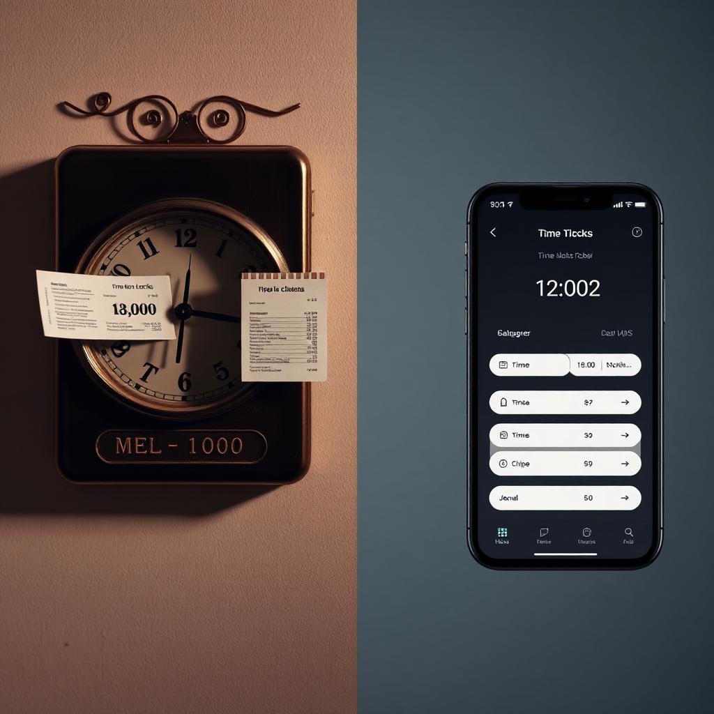 Composição dividida com relógio de ponto físico antigo à esquerda e smartphone com app de ponto moderno à direita — imagem de capa do artigo comparando REP-C e REP-P.