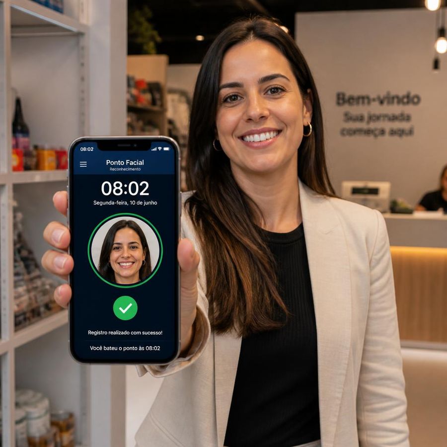 Colaboradora de PME brasileira registrando ponto por reconhecimento facial no celular
